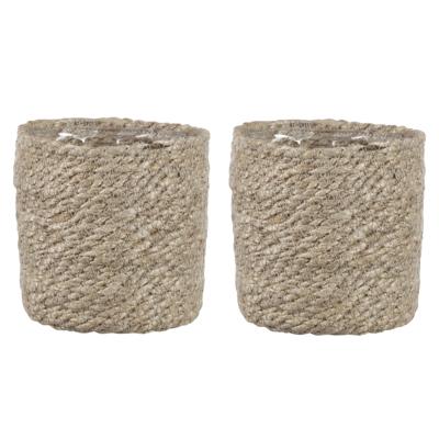 Mica Decorations Plantenpot - 2x stuks - rotan - bruin - plantenmand - 12x12cm