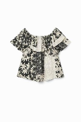 Blouse patch bloemen ruche - WHITE - XL