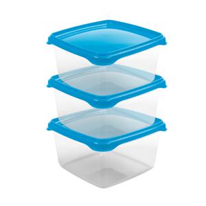 Vershoudbakjes Hega - set van 3x stuks - 1.3 liter - transparant/blauw - L16 x B16 x H11 cm