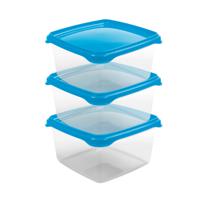 Vershoudbakjes Hega - set van 3x stuks - 1.3 liter - transparant/blauw - L16 x B16 x H11 cm