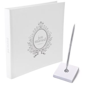 Gastenboek/receptieboek met luxe pen in houder - Bruiloft - zilver/wit - 24 x 24 cm