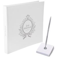 Gastenboek/receptieboek met luxe pen in houder - Bruiloft - zilver/wit - 24 x 24 cm - thumbnail