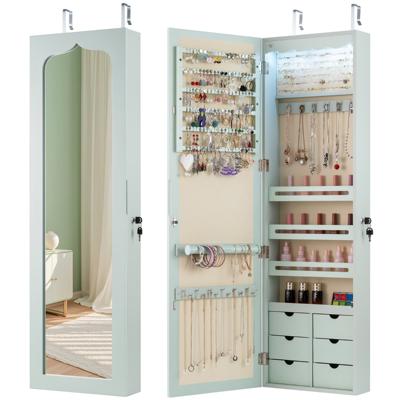 Sieradenkast met LED Afsluitbare Wand-/Deursieradenkast met Spiegel & 6 Laden Groen