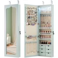Sieradenkast met LED Afsluitbare Wand-/Deursieradenkast met Spiegel & 6 Laden Groen