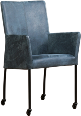 Blauwe leren moderne eetkamerstoel Comfort - poot rond zwart met wiel - Kenia Leer Denim (blauw leer)