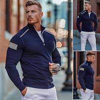 Voor heren POLO Shirt Polo met rits Straat Vakantie Kwart ritssluiting Lange mouw Modieus Basic Nationale vlag Lapwerk Lente Herfst Normale pasvorm Lichtgroen Rood Blauw Donkergrijs POLO Shirt Lightinthebox