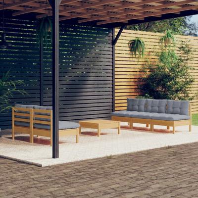6-delige Loungeset met grijze kussens grenenhout