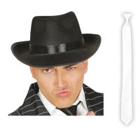 Carnaval verkleed set compleet - gangster/maffia hoedje met witte stropdas - volwassenen - thumbnail