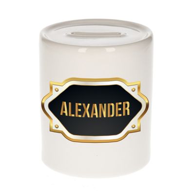 Naam cadeau spaarpot Alexander met gouden embleem