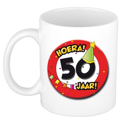 Hoera 50 jaar mok/beker verkeersbord - keramiek - 300 ml