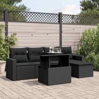 6-delige Loungeset met kussens poly rattan zwart
