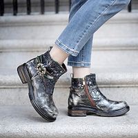 Dames Laarzen Legerlaarzen Laarsjes enkellaarsjes Handgemaakte schoenen Dagelijks Rits Blokhak Ronde Teen Modieus Casual Comfortabel Schapenleer Rits Effen Kleur Zwart en Zilver miniinthebox