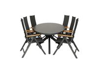 Qopps Vidas tuintafel met 6 Hartman Napoli verstelbare tuinstoel met teak armlegger