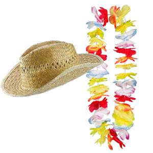 Carnaval verkleed set - Tropische Hawaii party - stro beach hoed - met gekleurde bloemenslinger