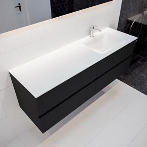 Mondiaz Vica Cloud badmeubel zwart mat 150 cm 4 lades solid surface enkele spoelbak rechts 1 kraangat