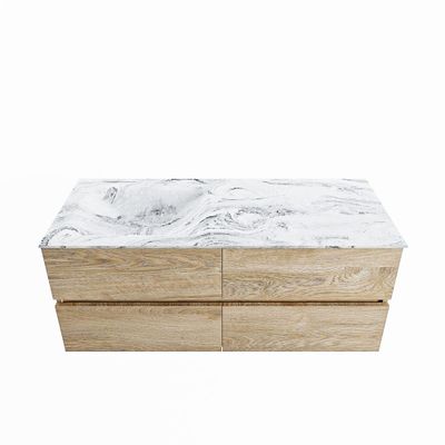 MONDIAZ VICA-DLUX 120cm badmeubel onderkast Washed Oak 4 lades. Inbouw wastafel CLOUD links 1 kraangat, kleur Glace.