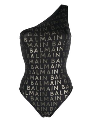 Balmain maillot de bain asymétrique à logo pailleté - Noir