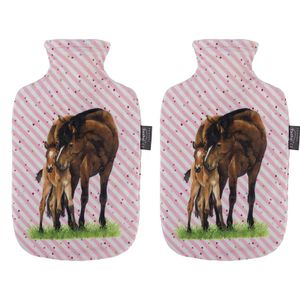 2x Gestreepte roze kruiken 2 liter met paard/pony dieren hoes 2 liter