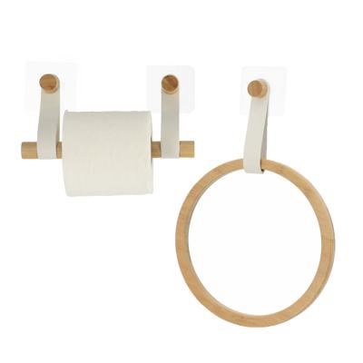 Badkamer set toiletrolhouder en handdoekhaak - zelfklevend - wit - bamboe/kunstleer - zonder boren