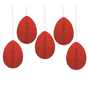 Pasen thema versiering - 5x - papier - hangend paasei van 20 cm aan koord - rood