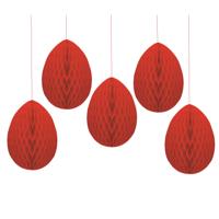 Pasen thema versiering - 5x - papier - hangend paasei van 20 cm aan koord - rood