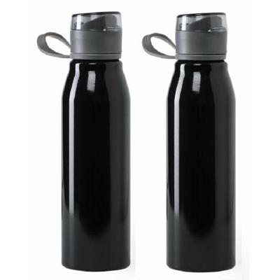 Waterfles / drinkfles / bidon / sportfles - 2x - Aluminium - metallic zwart - schroefdop - 700 ml