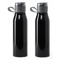 Waterfles / drinkfles / bidon / sportfles - 2x - Aluminium - metallic zwart - schroefdop - 700 ml