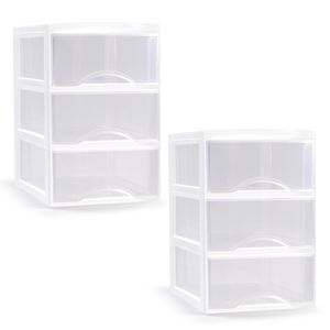 Ladeblokje/bureau organizer - 2x stuks - 3 lades - transparant/wit - L18 x B25 x H25 cm - plastic