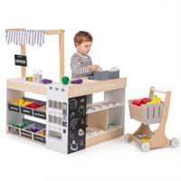 Kinderwinkel Houten Winkel met Winkelwagen Speelgoedautomaat Kassa Toonbank Krijtbordjes Schappen en Speelgoedvoeding