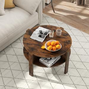 Ronde Salontafel met Opbergruimte Houten Woonkamertafel met 4 Planken Koffietafel Bijzettafel voor Woonkamer Kantoor