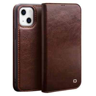 Qialino - lederen luxe bookcase hoes - iPhone 13 Mini - Bruin