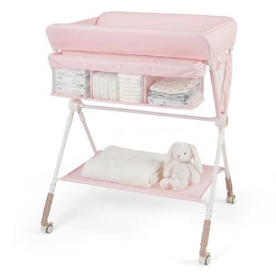 Draagbare Commode Opvouwbare Verschoontafel met 3-Voudig Verstelbare Hoogte en Vergrendelbare Wielen 81 x 66,5 x 95-101 cm-Roze