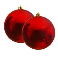 Decoris Kerstbal - 2x - rood - groot - 14 cm - kunststof - glans - thumbnail