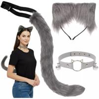 Katten verkleed kostuum - 3-delig - grijs - staart, oortjes en halsband
