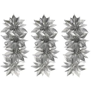 Decoratie bloemen - op clip - 12x - zilver - 9,5 cm - kunststof - kerstbloemen