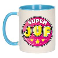 Cadeau koffie/thee mok voor juf - blauw - button - super juf - keramiek - juffen dag