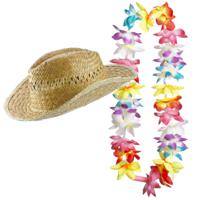 Carnaval verkleed set - Tropische Hawaii party - stro beach hoed - met LED gekleurde bloemenslinger - thumbnail