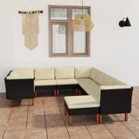 9-delige Loungeset met kussens poly rattan zwart