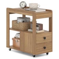 Smalle Bijzettafel Modern Nachtkastje met 2 Lades en Open Planken Opbergorganizer met Vergrendelbare Wielen voor Woonkamer Kantoor
