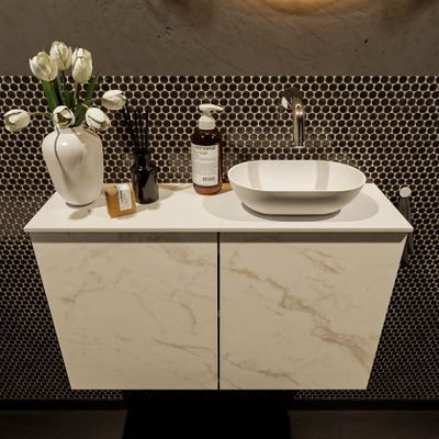 Mondiaz Fowy toiletmeubel 80cm Carrara met blad en waskom talc rechts zonder kraangat