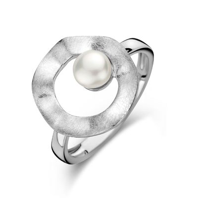 Ring Parel Gescratcht zilver-zoetwaterparel wit 15 mm
