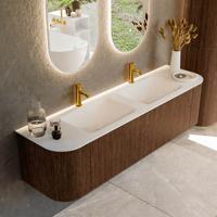 Badmeubel Mondiaz Kurve | 170 cm | Meubelkleur Walnut | Wastafelkleur Talc | Dubbele spoelbak | 2 kraangaten