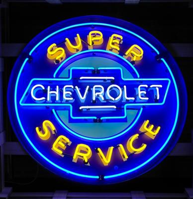 Chevrolet Super Service Neon Verlichting XL In Metalen Bak 92 cm - Blauw, Geel, Wit