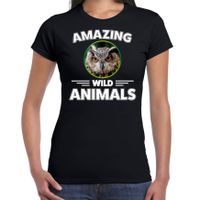 T-shirt uilen amazing wild animals / dieren zwart voor dames - thumbnail