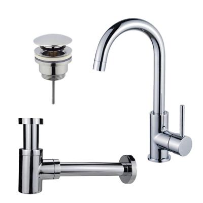 Fortifura Calvi Wastafelkraanset - hoge wastafelkraan - draaibare uitloop - klikwaste plug - verlaagde design sifon - Chroom SW809346/SW696203/SW696219