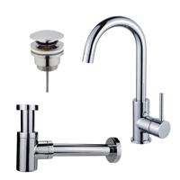 Fortifura Calvi Wastafelkraanset - hoge wastafelkraan - draaibare uitloop - klikwaste plug - verlaagde design sifon - Chroom SW809346/SW696203/SW696219