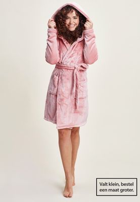 Damesbadjas fleece oudroze met capuchon - kort-2xl