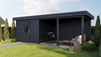 Lugarde Select Modern tuinhuis met overkapping Lelystad 300x300cm + 400cm - Zwarte olie- Plat dak- - Lugarde Select