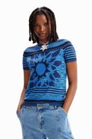 Gebreid T-shirt met bloem - BLUE - XS