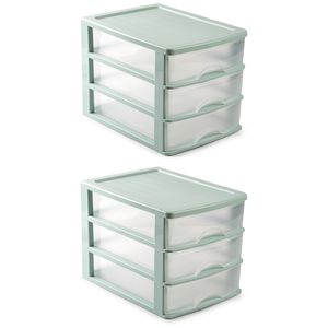 2x stuks ladeblok/bureau organizer met 3 lades groen/transparant L 35,5 x B 27 x H 26 cm